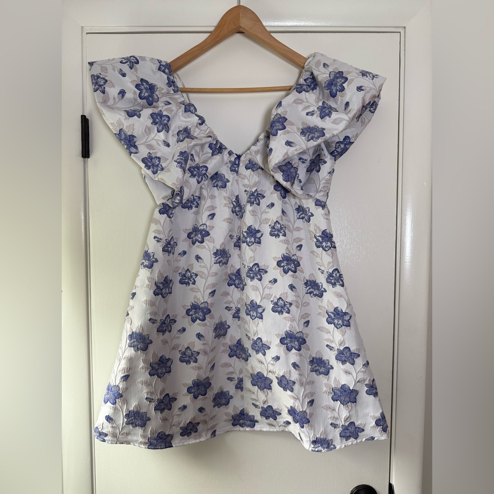 🆕 Day + Moon Floral Jacquard Puff Sleeve Mini Dress Regencycore Cottagecore Chic - Picture 10 of 12